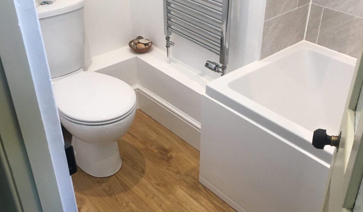 Toilet, bath and towel radiator from the doorway