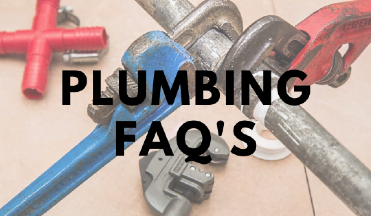 Picture of spanners holding pipes with plumbing FAQ's written over it